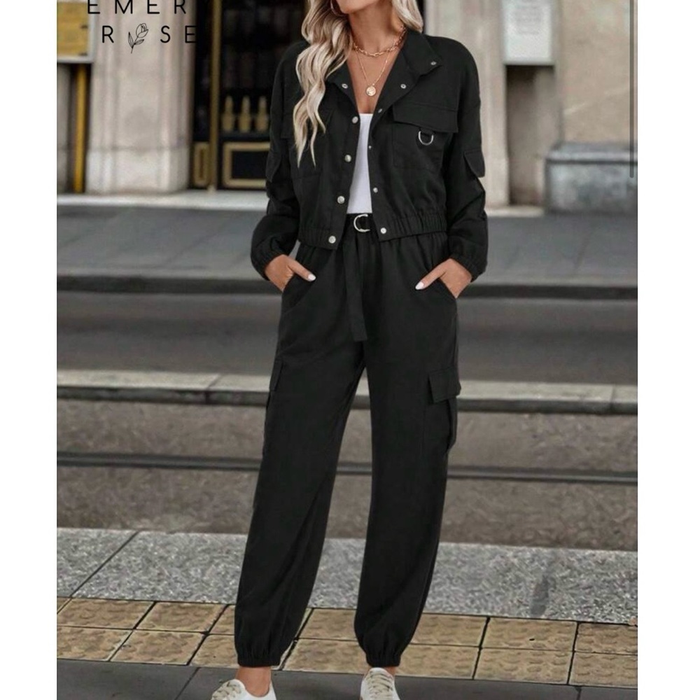 2pcs Women’s Solid Color Casual Long Sleeve Single-Breasted Jacket And Pant Set